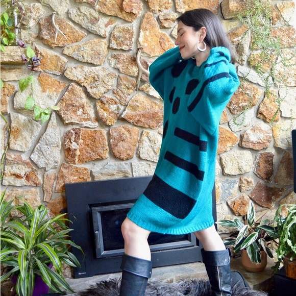 Vintage 80's Turquoise Green Abstract Pop Art Short Oversized Sweater Dress - Picture 5 of 6